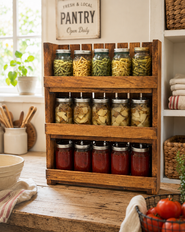 Wooden Canning Jar Storage Rack – Early American Mason Jar Pantry Shelf