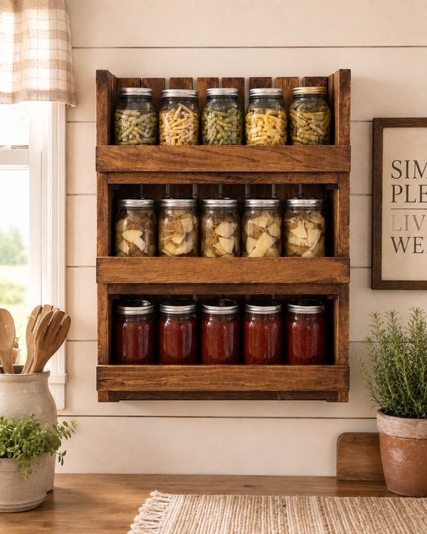 Wooden Canning Jar Storage Rack – Early American Mason Jar Pantry Shelf
