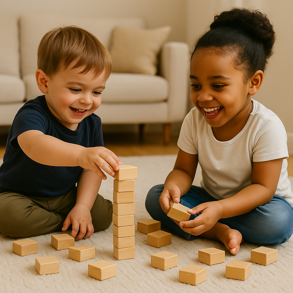 Children stacking natural wooden blocks into a tall tower