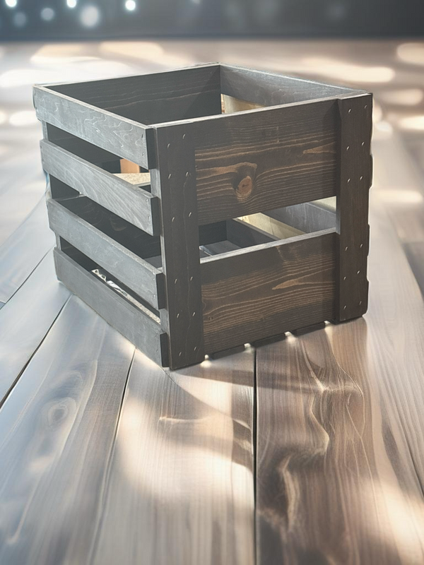 Vintage Stained Wooden Vinyl Record Crate – Handcrafted LP Storage Box for 12-Inch Albums – Rustic Record Holder for Collectors & DJs