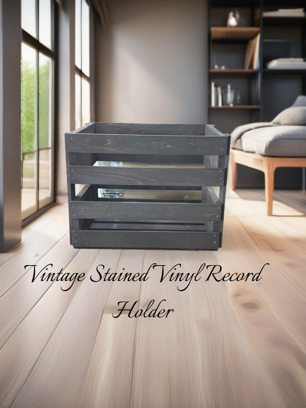 Vintage Stained Wooden Vinyl Record Crate – Handcrafted LP Storage Box for 12-Inch Albums – Rustic Record Holder for Collectors & DJs