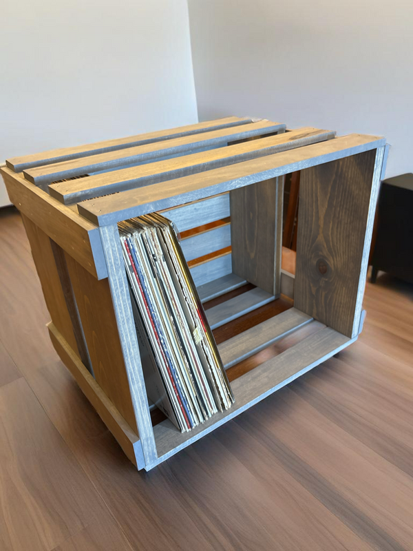 Antique Gray Stained Wooden Vinyl Record Crate – Handcrafted LP Storage Box for 12-Inch Albums