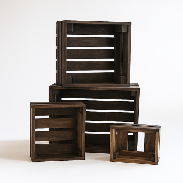 Large Wooden Nesting Crates Set of 4 – Dark Walnut Rustic Storage Boxes
