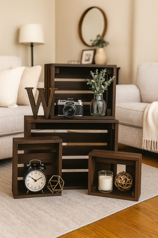 Set of 4 Dark Walnut wooden nesting crates styled with candles, plants, books, and farmhouse decor in a living room