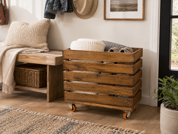 Oversized Rolling Wooden Crate with Casters – Rustic Storage Bin