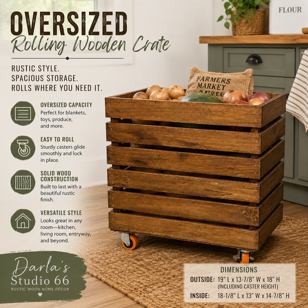 Oversized Rolling Wooden Crate with Casters – Rustic Storage Bin