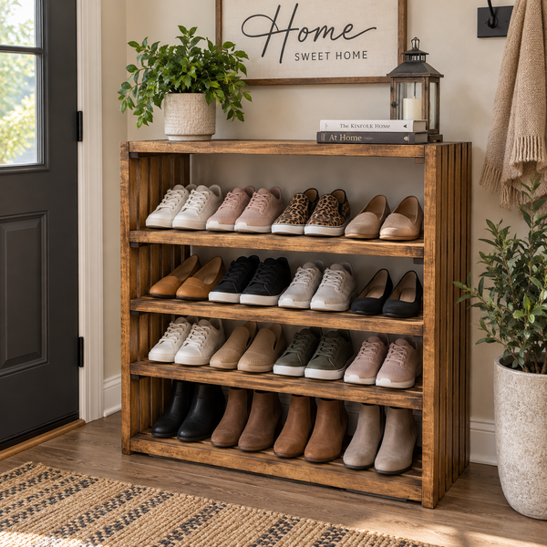 Wide 4-Tier Solid Wood Shoe Rack – Early American
