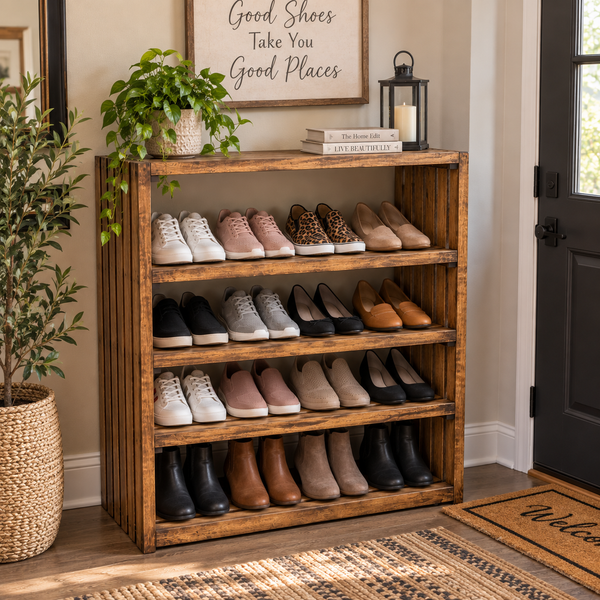 Wide 4-Tier Solid Wood Shoe Rack – Early American