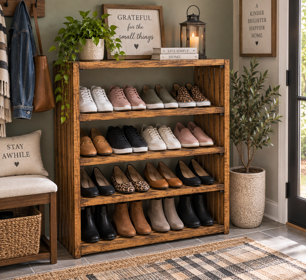 Wide 4-Tier Solid Wood Shoe Rack – Early American