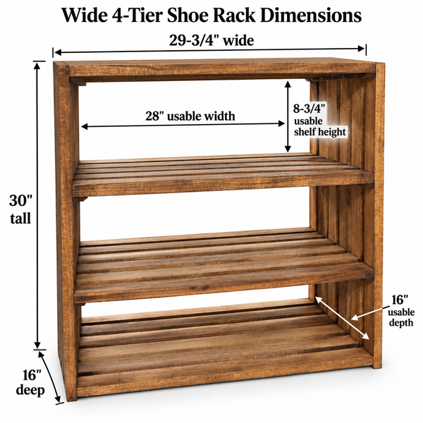 Wide 4-Tier Solid Wood Shoe Rack – Early American