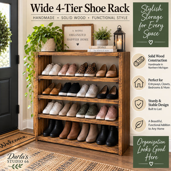 Wide 4-Tier Solid Wood Shoe Rack – Early American