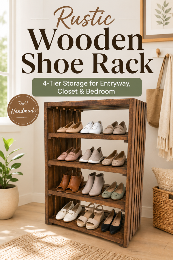4 Tier Wooden Shoe Rack – Early American Entryway Shoe Organizer