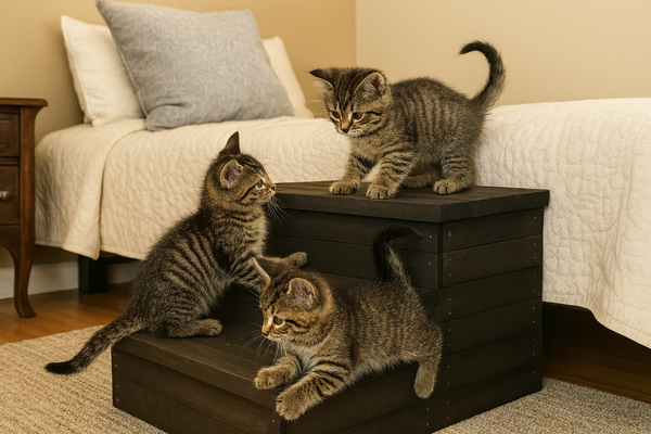 Three kittens playing on a rustic wooden 2-step stool in dark walnut finish near a bed.