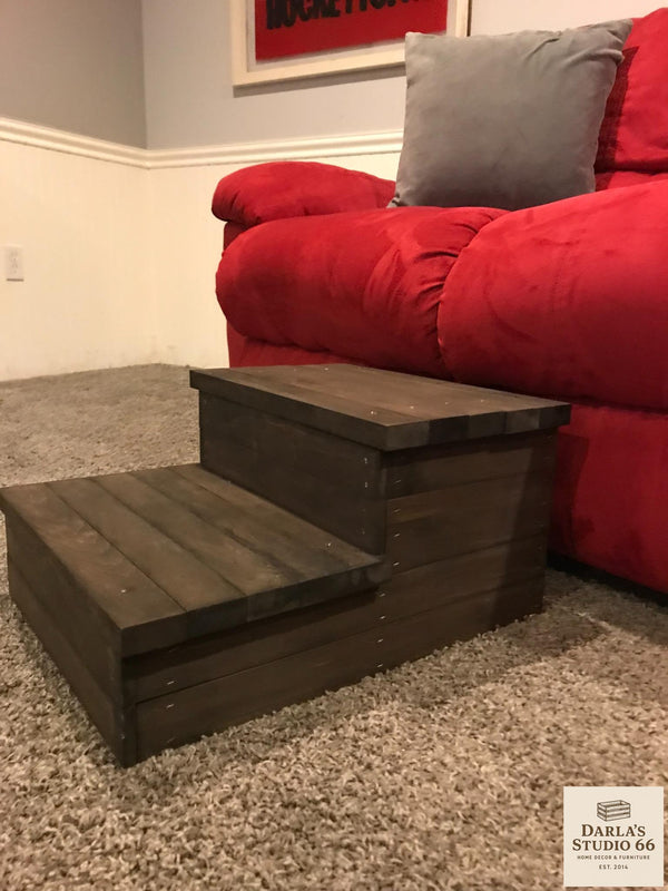 Rustic 2-step stool in dark walnut stain, styled in a living room with Darla’s Studio 66 logo.