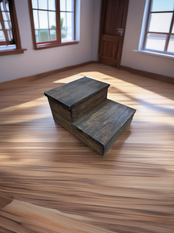 Rustic 2-step stool in dark walnut stain, styled in a living room with Darla’s Studio 66 logo