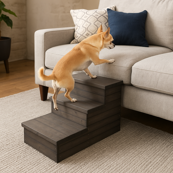 Small dog using rustic wooden 3-step pet stairs to climb onto a sofa.
