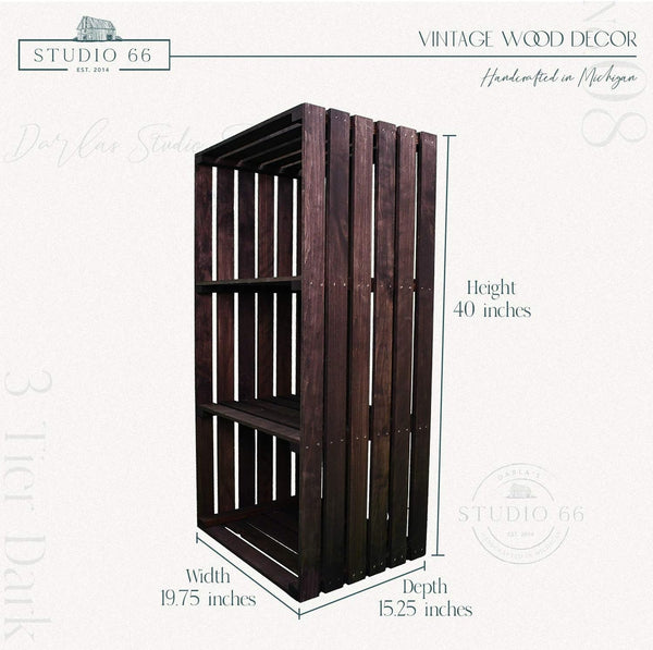 Handmade 3-tier wooden record storage shelf in dark stained finish, shown empty.