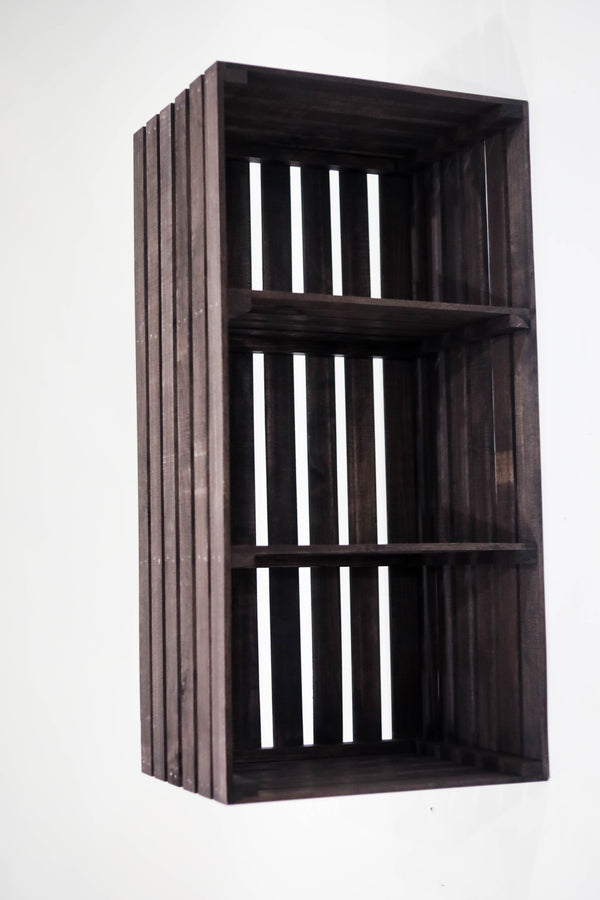 Full front view of rustic dark stained 3-tier record storage shelf and turntable stand.