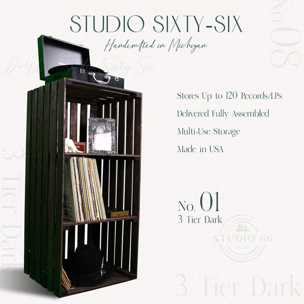 Close-up of dark stained 3-tier wooden LP storage stand with rustic finish.