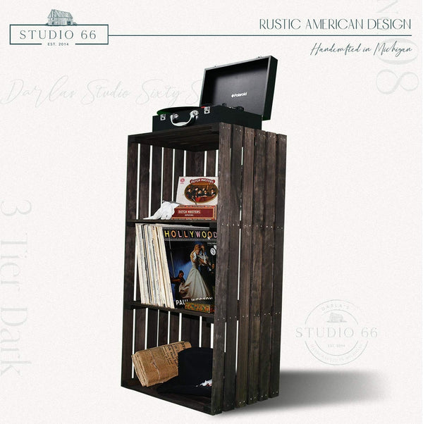 Side view of rustic dark stained 3-tier vinyl record storage stand and turntable holder.