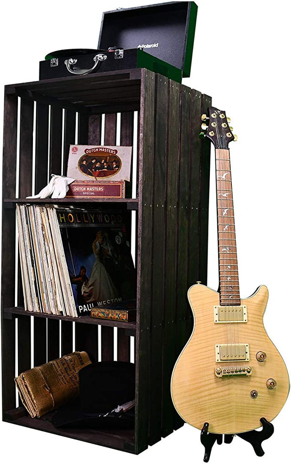Wooden 3-tier record storage stand in dark stain with turntable and LP albums displayed.
