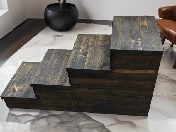 Wooden 4-step pet stairs in a modern living room with marble floor