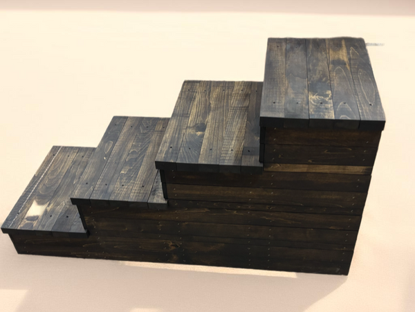 Dark walnut rustic 4-step wooden pet stairs close-up view