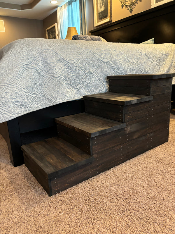 Dark walnut rustic 4-step wooden pet stairs close-up view
