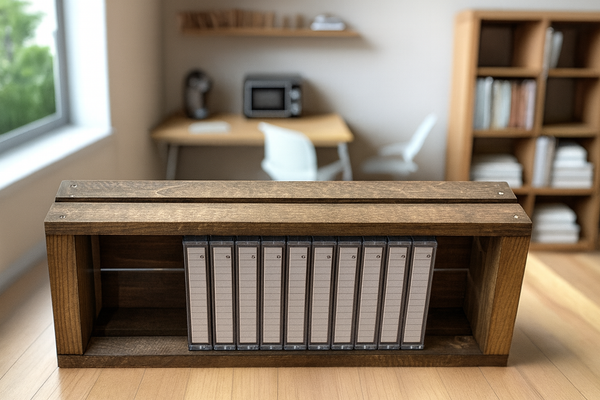Rustic wooden cassette holder filled with cassette tapes.