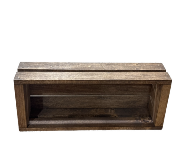 Wooden cassette storage crate on a clean white background.