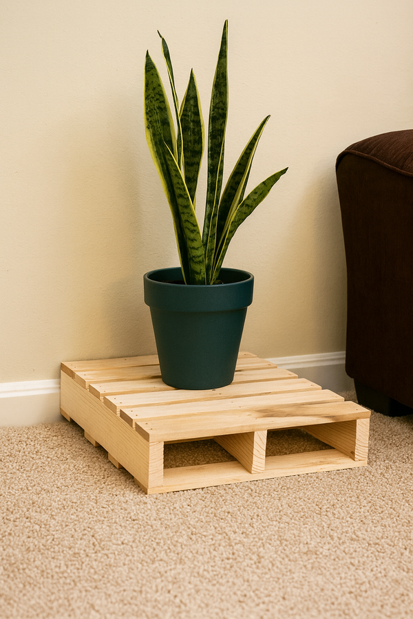 Wooden pallet plant stand with green potted plant in living room