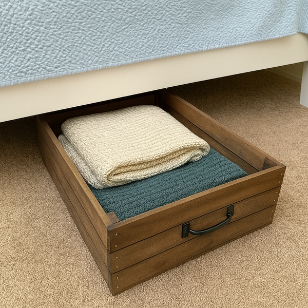Rustic wooden under-bed storage drawer with folded cream and green blankets neatly stored inside.