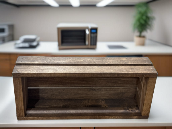 Rustic wooden cassette tape holder displayed on a kitchen counter.