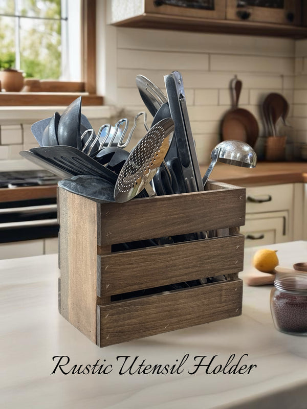 Rustic wooden utensil holder crate filled with cooking utensils on counter