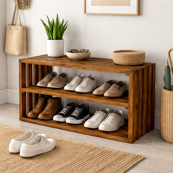 Wood Shoe Rack – 2 Tier Entryway Shoe Storage Bench – Solid Wood 28″ – Early American