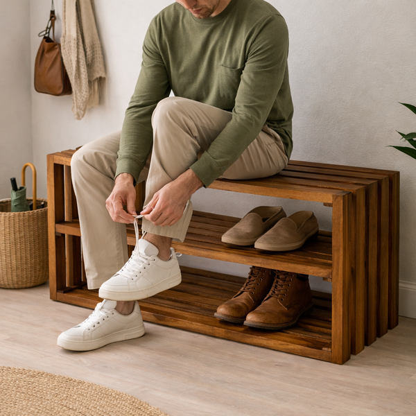 Wood Shoe Rack – 2 Tier Entryway Shoe Storage Bench – Solid Wood 28″ – Early American