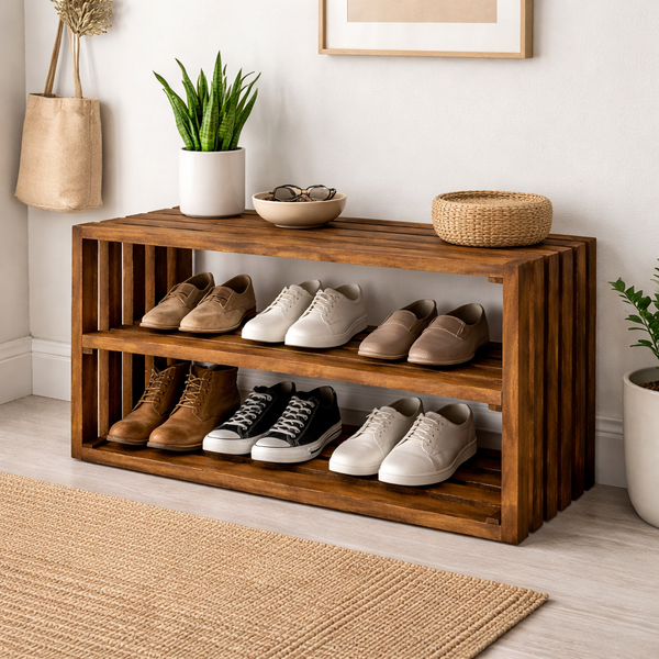 Wood Shoe Rack – 2 Tier Entryway Shoe Storage Bench – Solid Wood 28″ – Early American