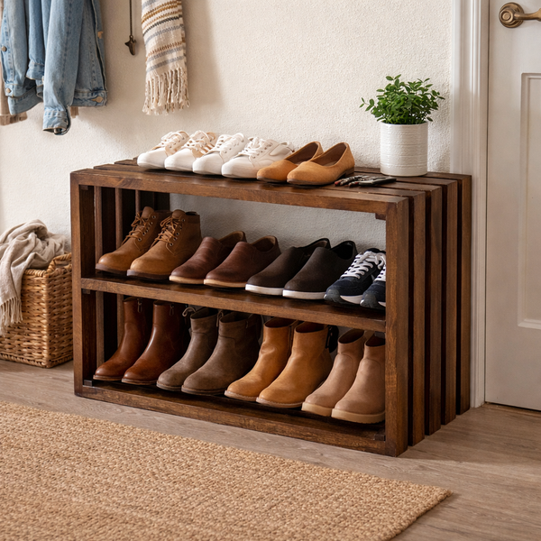 Rustic Wooden Shoe Rack Bench – 2-Tier Entryway Organizer in Dark Walnut