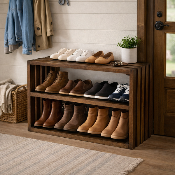 Rustic Wooden Shoe Rack Bench – 2-Tier Entryway Organizer in Dark Walnut