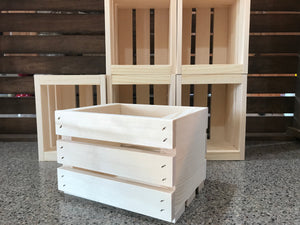 Set of six small unfinished wooden crates shown in a simple front-facing arrangement.