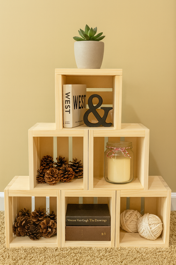Farmhouse-style living room display with six stacked natural wood crates styled with books, candles, and decor.