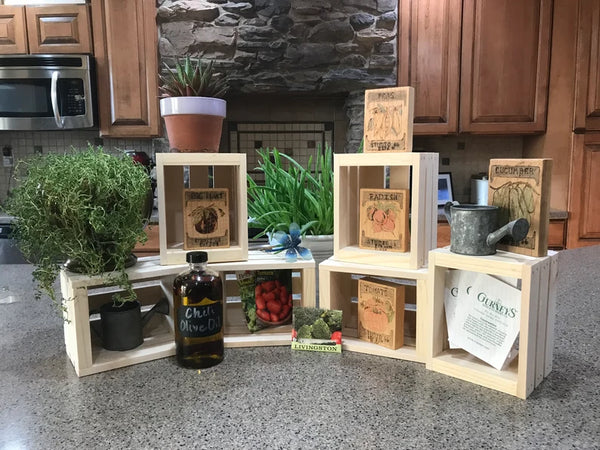 Single natural wooden crate on countertop, showcasing rustic construction.