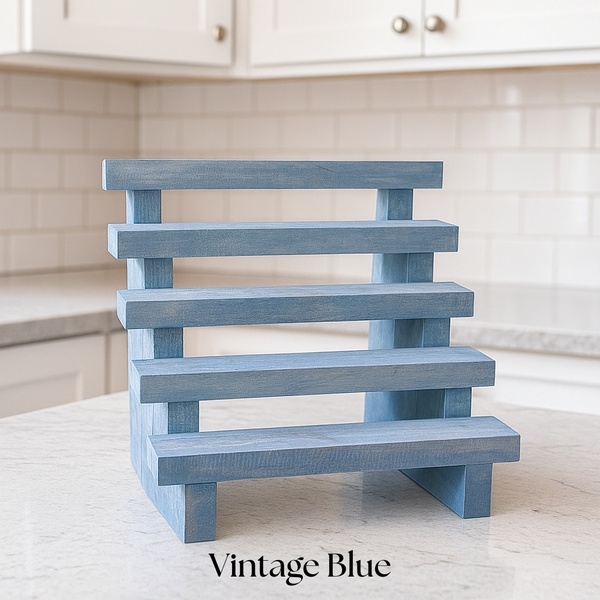 Rustic wooden spice rack in Vintage Blue finish with 5-tier slatted shelves