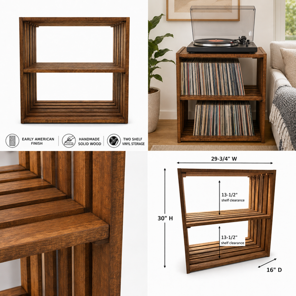 Wooden Turntable Stand with Vinyl Record Storage – Early American Record Player Stand