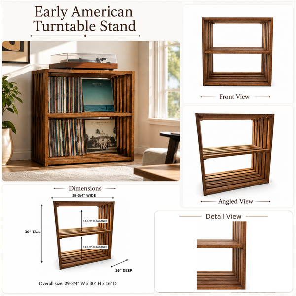 Wooden Turntable Stand with Vinyl Record Storage – Early American Record Player Stand