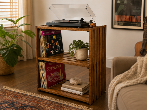 Wooden Turntable Stand with Vinyl Record Storage – Early American Record Player Stand