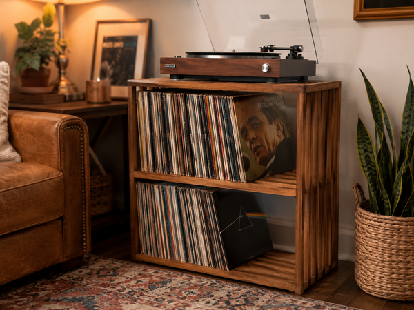 Wooden Turntable Stand with Vinyl Record Storage – Early American Record Player Stand