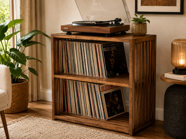 Wooden Turntable Stand with Vinyl Record Storage – Early American Record Player Stand