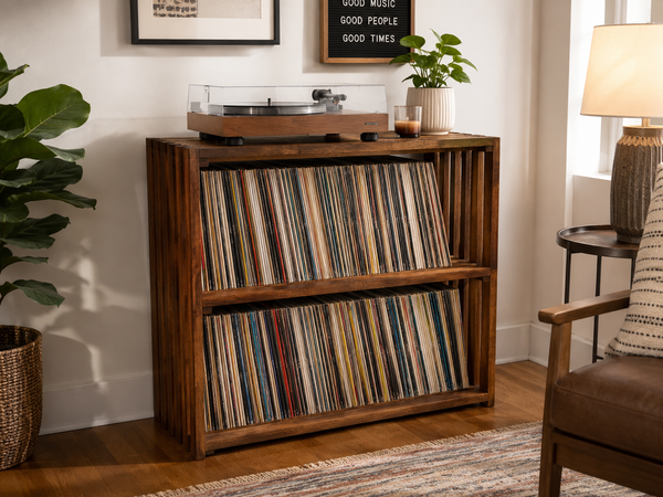 Wooden Turntable Stand with Vinyl Record Storage – Early American Record Player Stand