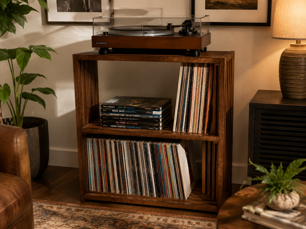 Wooden Turntable Stand with Vinyl Record Storage – Early American Record Player Stand